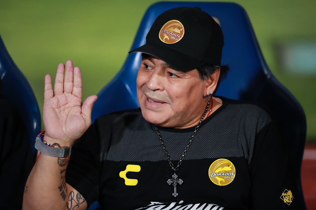 MEXICO CITY, MEXICO - MARCH 12: Diego Armando Maradona coach of Dorados de Sinaloa gestures during the quarterfinals match between Pumas UNAM and Dorados as part of the Copa MX Clausura 2019 at Olimpico Universitario Stadium on March 12, 2019 in Mexico City, Mexico. (Photo by Hector Vivas/Getty Images)