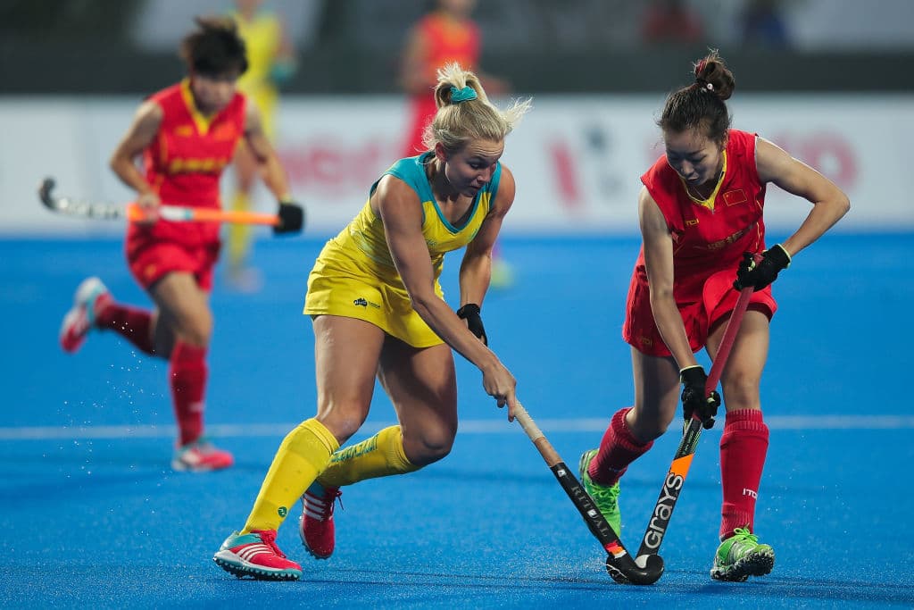 Acciones del Mundial de Hockey sobre pasto femenil en Changzhou, China.