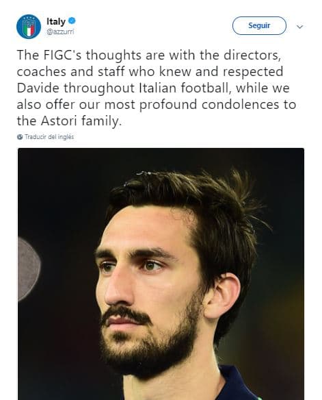 Los pensamientos de la FIGC están con los directores, los entrenadores y el personal que conocieron y respetaron a Davide en todo el fútbol italiano, mientras que también ofrecemos nuestras más profundas condolencias a la familia Astori.