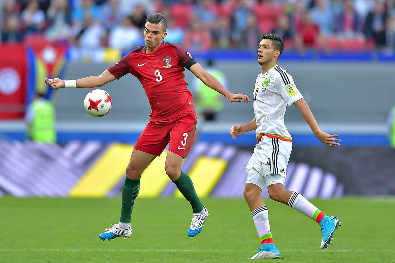Action photo during the match Portugal vs Mexico, Group A matches the FIFA Confederations Cup Russia 2017 at Kazan Stadium, Russia. Foto de accion durante el partido Portugal vs Mexico, COrrespondiente al Grupo A la Copa FIFA Confederaciones Rusia 2017 en el Estadio de Kazan, Rusia, en la foto: Pepe Portugal y Raul Jimenez Mexico 18/06/2017/MEXSPORT/Isaac ortiz