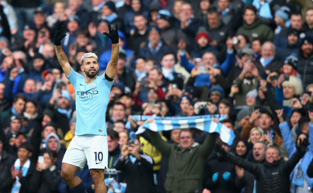 MANCHESTER, ENGLAND - FEBRUARY 10: Sergio Aguero of Manchester City celebrates after scoring the second goal during the Premier League match between Manchester City and Chelsea FC at Etihad Stadium on February 10, 2019 in Manchester, United Kingdom. (Photo by Alex Livesey - Danehouse/Getty Images)