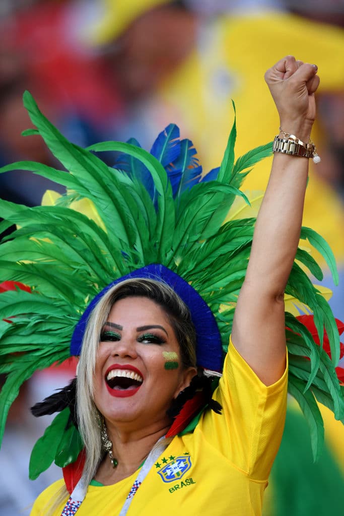 MOSCOW, RUSSIA - JUNE 27: A Brazil fan enjoys the pre match atmosphere prior to the 2018 FIFA World Cup Russia group E match between Serbia and Brazil at Spartak Stadium on June 27, 2018 in Moscow, Russia. (Photo by Stu Forster/Getty Images)