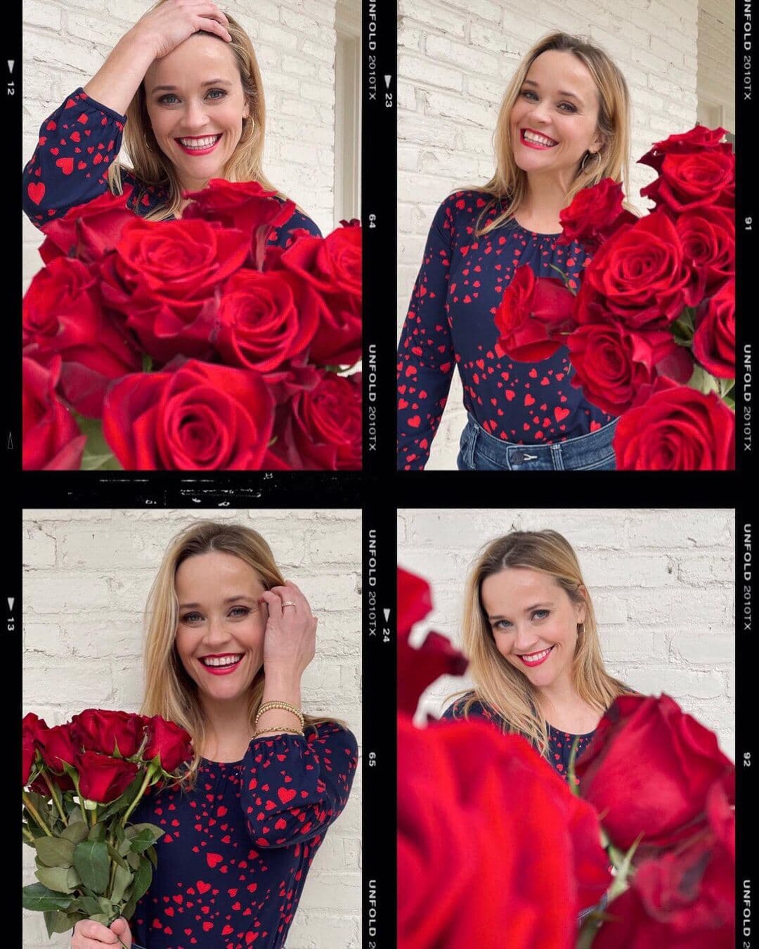 Reese Witherspoon posó con unas hermosas rosas rojas en San Valentin.