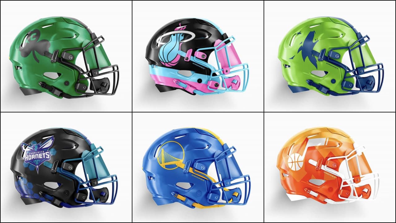 En un mundo paralelo, los equipos de la NBA visualizados en cascos de futbol americano no se verían nada mal