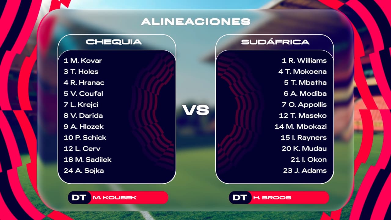 Alineaciones del partido Chequia vs. Sudáfrica del Mundial en el Estadio Atlanta