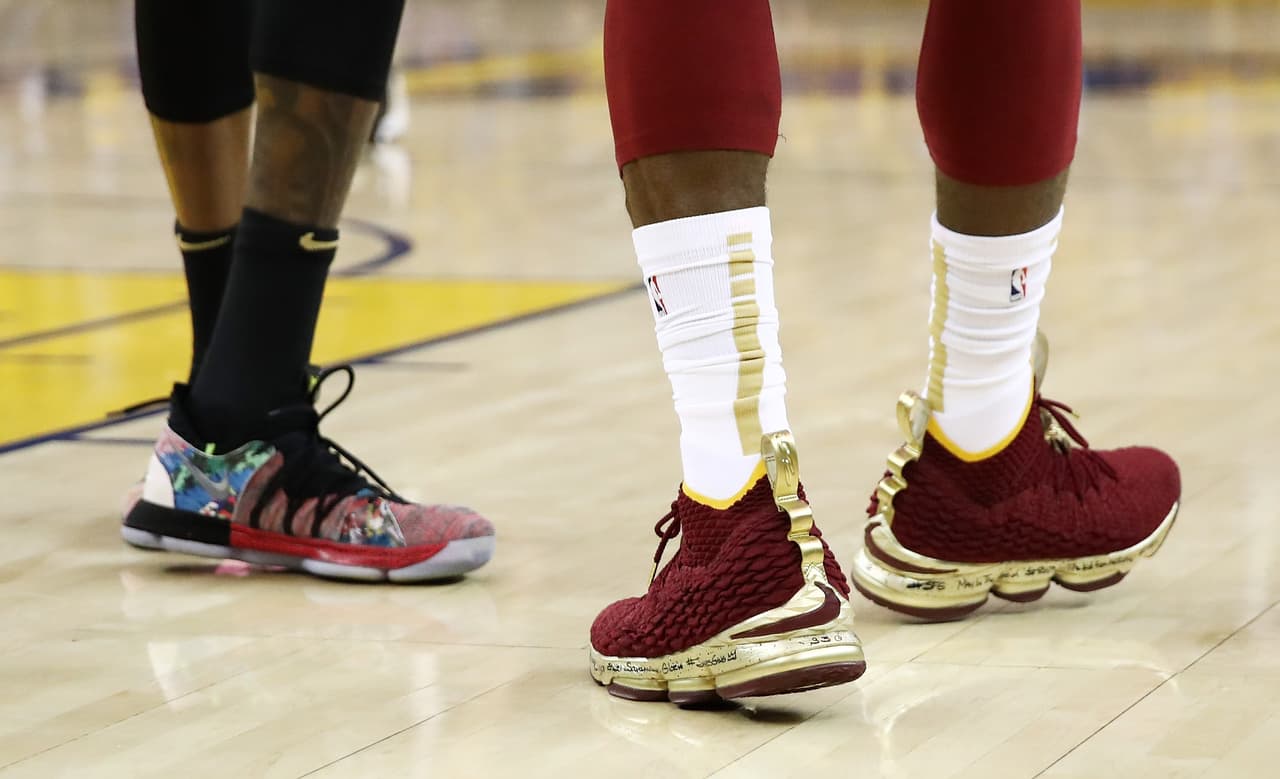 OAKLAND, CA - JUNE 03: A shoe detail of LeBron James #23 of the Cleveland Cavaliers in Game 2 of the 2018 NBA Finals against the Golden State Warriors at ORACLE Arena on June 3, 2018 in Oakland, California. NOTE TO USER: User expressly acknowledges and agrees that, by downloading and or using this photograph, User is consenting to the terms and conditions of the Getty Images License Agreement. (Photo by Ezra Shaw/Getty Images)