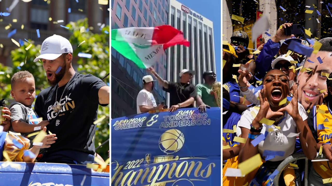 Stephen Curry saluda y busca confeti mientras viaja en el desfile del campeonato de la NBA de los Golden State Warriors en San Francisco, el lunes 20 de junio de 2022. (Foto AP/Eric Risberg)