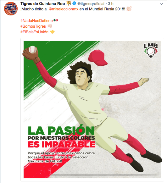 Los Tigres de Quintana Roo, uno de los clubes de beisbol más tradicionales en México, apoyándose en la imagen de la LMB, apoyando al Tri.