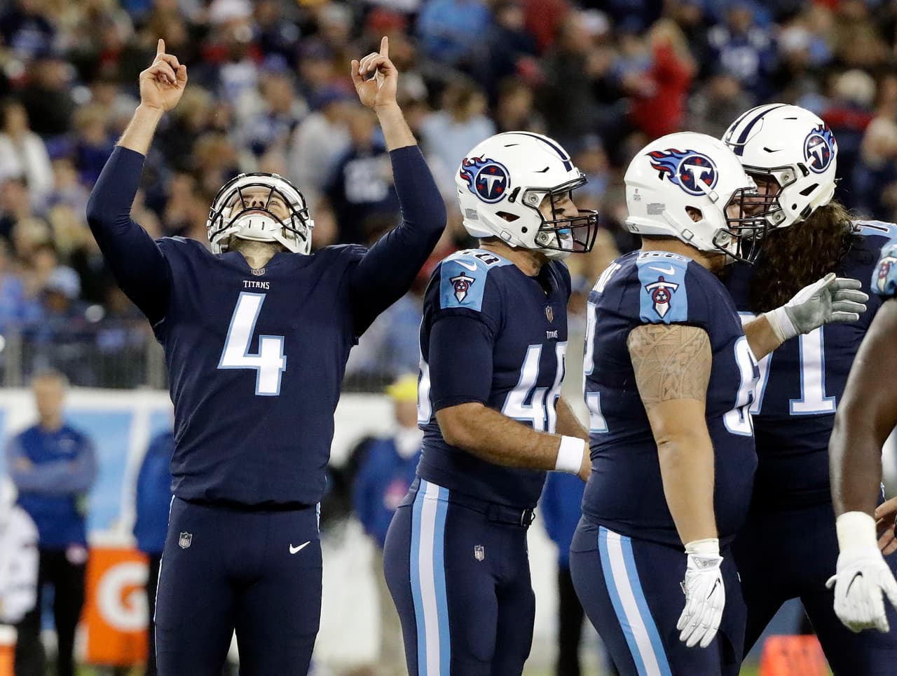 Tennessee Titans kicker Ryan Succop (4) celebrates after kicking a 48-yard field goal against the Indianapolis Colts in the second half of an NFL football game Monday, Oct. 16, 2017, in Nashville, Tenn. (AP Photo/James Kenney)