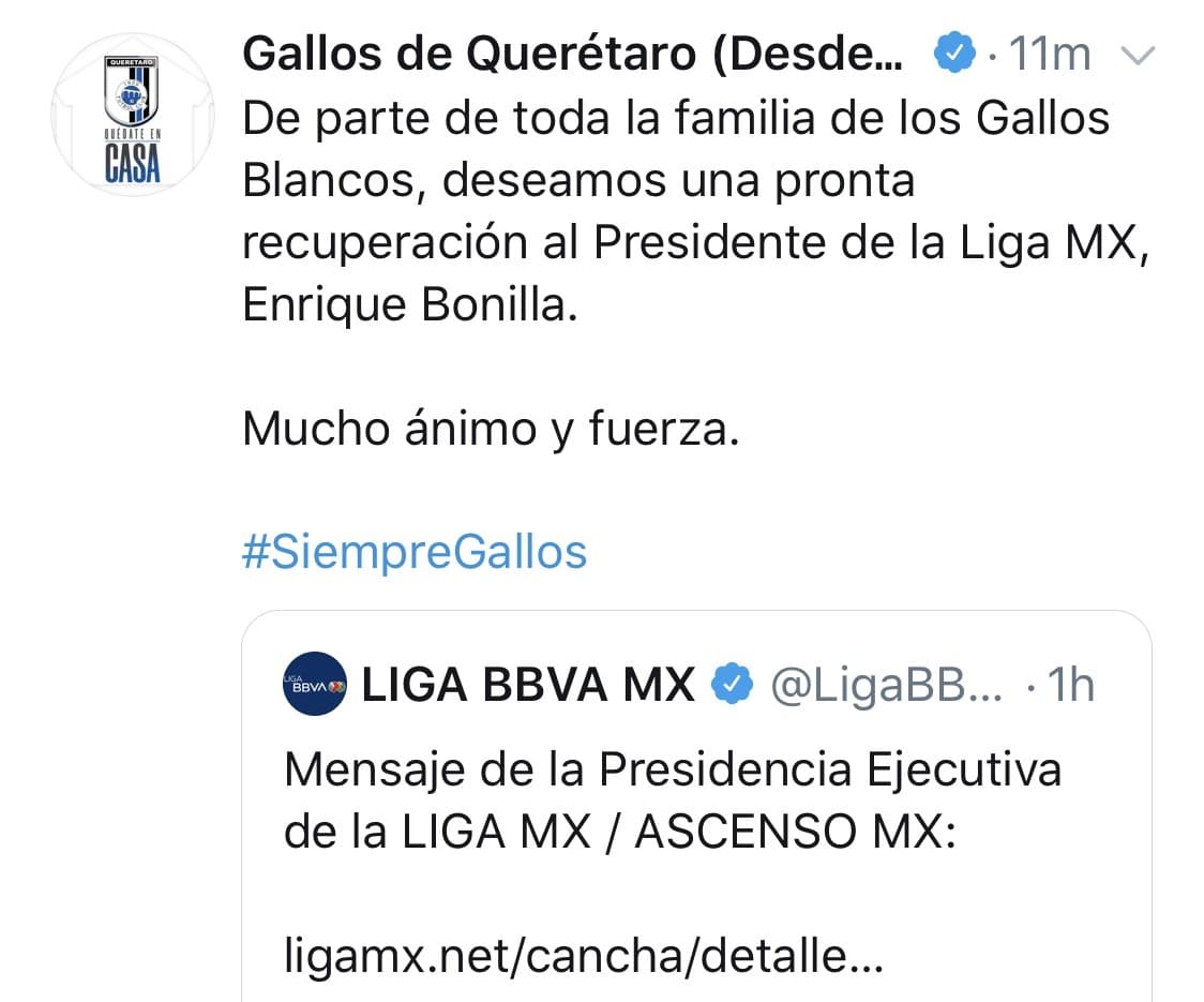 Mensajes de aliento de los clubes del futbol mexicano, tras el positivo de Enrique Bonilla en COVID-19.