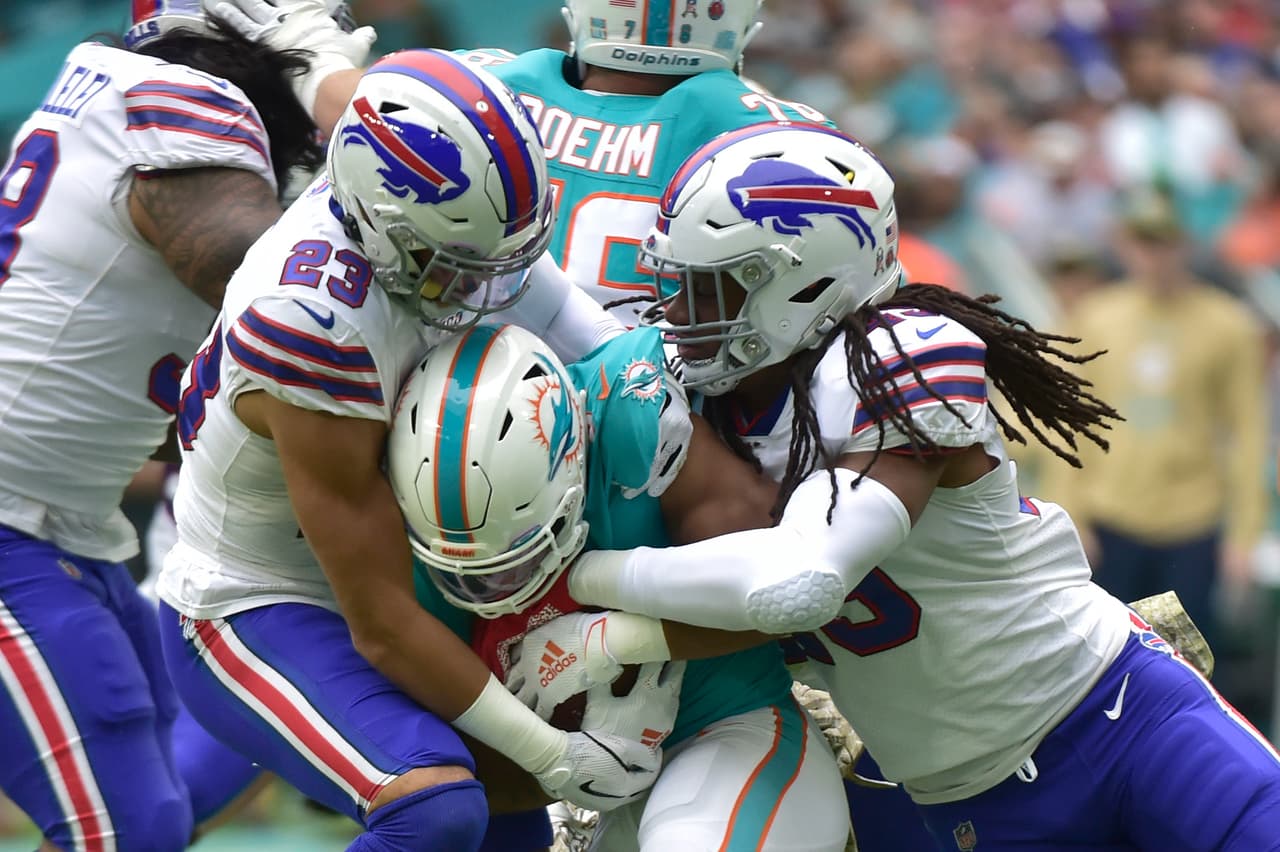 MIAMI, FL - NOVEMBER 17: Micah Hyde #23 of the Buffalo Bills and Tremaine Edmunds #49 tackle Kalen Ballage #27 of the Miami Dolphins during the first quarter at Hard Rock Stadium on November 17, 2019 in Miami, Florida. (Photo by Eric Espada/Getty Images)