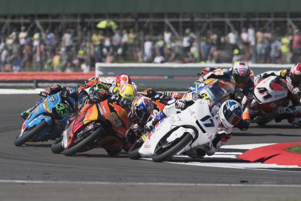 NORTHAMPTON, ENGLAND - AUGUST 27: John McPhee of Great Britain and British Talent Team leads the field during the Moto3 race during the MotoGp Of Great Britain - Race at Silverstone Circuit on August 27, 2017 in Northampton, England. (Photo by Mirco Lazzari gp/Getty Images)