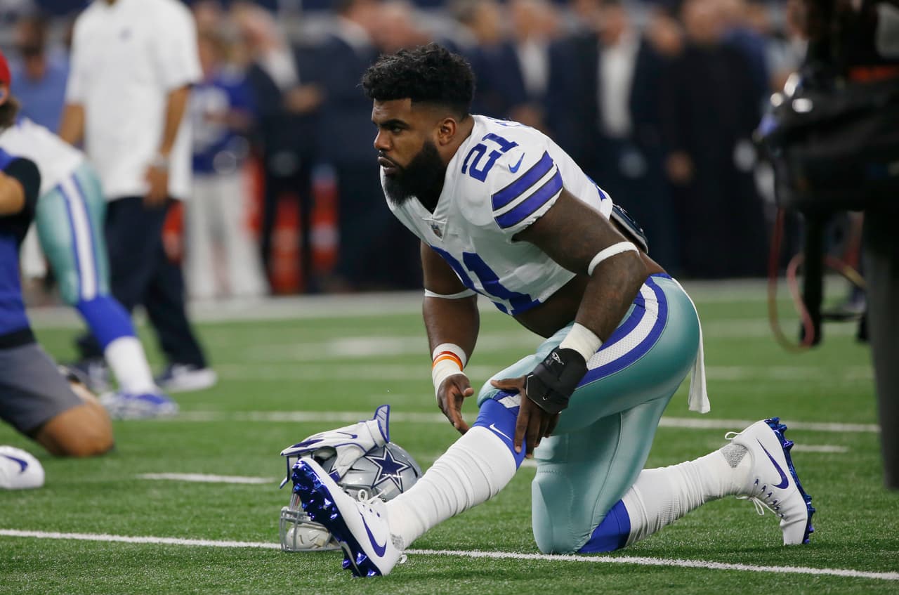 Dallas Cowboys running back Ezekiel Elliott warms up before an NFL football game against the New York Giants, Sunday, Sept. 10, 2017, in Arlington, Texas. (AP Photo/Ron Jenkins)