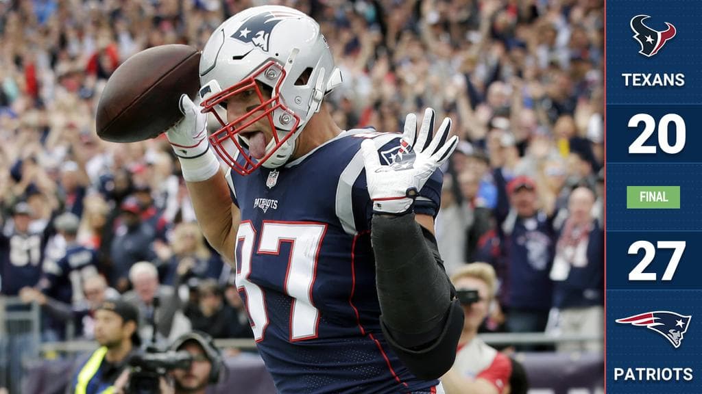 Tom Brady conectó tres pases de anotación, con un interceptado, completando 26 de 39 envíos para 277 yardas y encaminar a los Pats a una victoria contra los Texans.