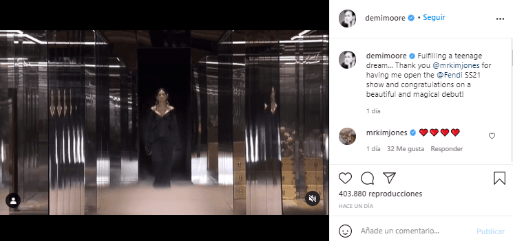 La actriz expresó en su Instagram: “Cumpliendo un sueño adolescente ... ¡Gracias Kim Jones por invitarme a abrir el programa de Fendi y felicitaciones por un debut hermoso y mágico!”