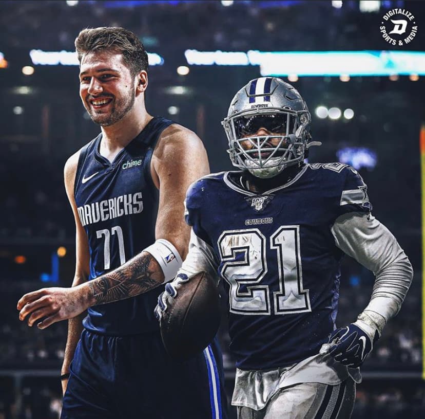 Luka Doncic #71 en su uniforme de Dallas Mavericks y Ezekiel Elliott #21 por Dallas Cowboys.