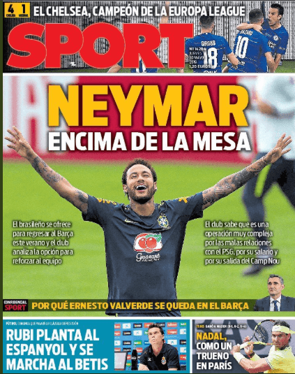 <i><b>Diario Sport</b></i>, periódico especializado en deportes de Cataluña, España, en el cintillo superior también destaca la gesta del Chelsea en la Europa League.