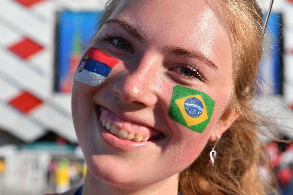 A supporter poses for a picture ahead of the Russia 2018 World Cup Group E football match between Serbia and Brazil at the Spartak Stadium in Moscow on June 27, 2018. (Photo by Yuri CORTEZ / AFP) / RESTRICTED TO EDITORIAL USE - NO MOBILE PUSH ALERTS/DOWNLOADS (Photo credit should read YURI CORTEZ/AFP/Getty Images)