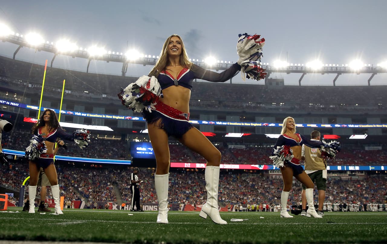 New England Patriots cheerleaders perform during the first half of a preseason NFL football game between the Patriots and the Philadelphia Eagles, Thursday, Aug. 16, 2018, in Foxborough, Mass. (AP Photo/Charles Krupa)