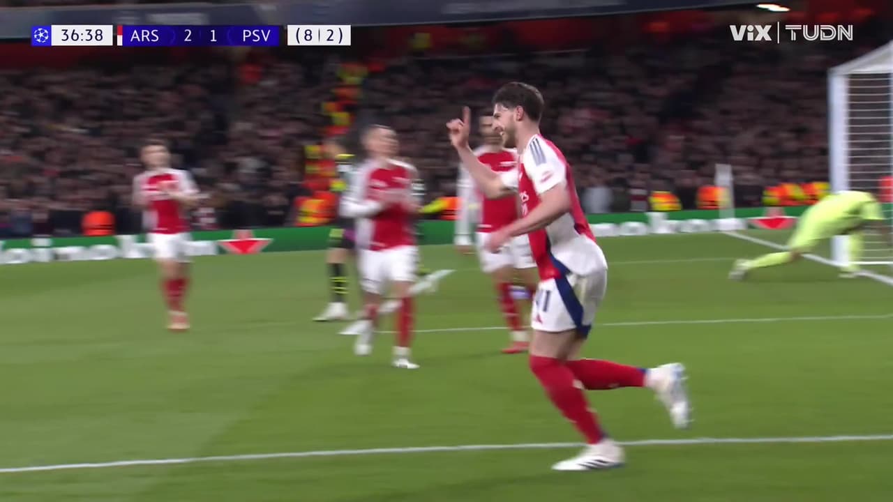 ¡Gol del Arsenal! Declan Rice remata de cabeza para el 2-1 