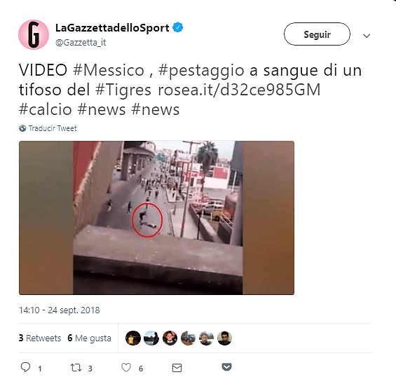 El conocido diario italiano 
<i>La Gazzetta dello Sport</i> difundió también el lamentable video del aficionado que yace en el piso inerte.