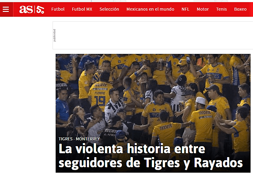 Tampoco pasó inadvertido para el diario deportivo español 
<i>As</i> esta lamentable situación que cada vez se recrudece sin consecuencias.