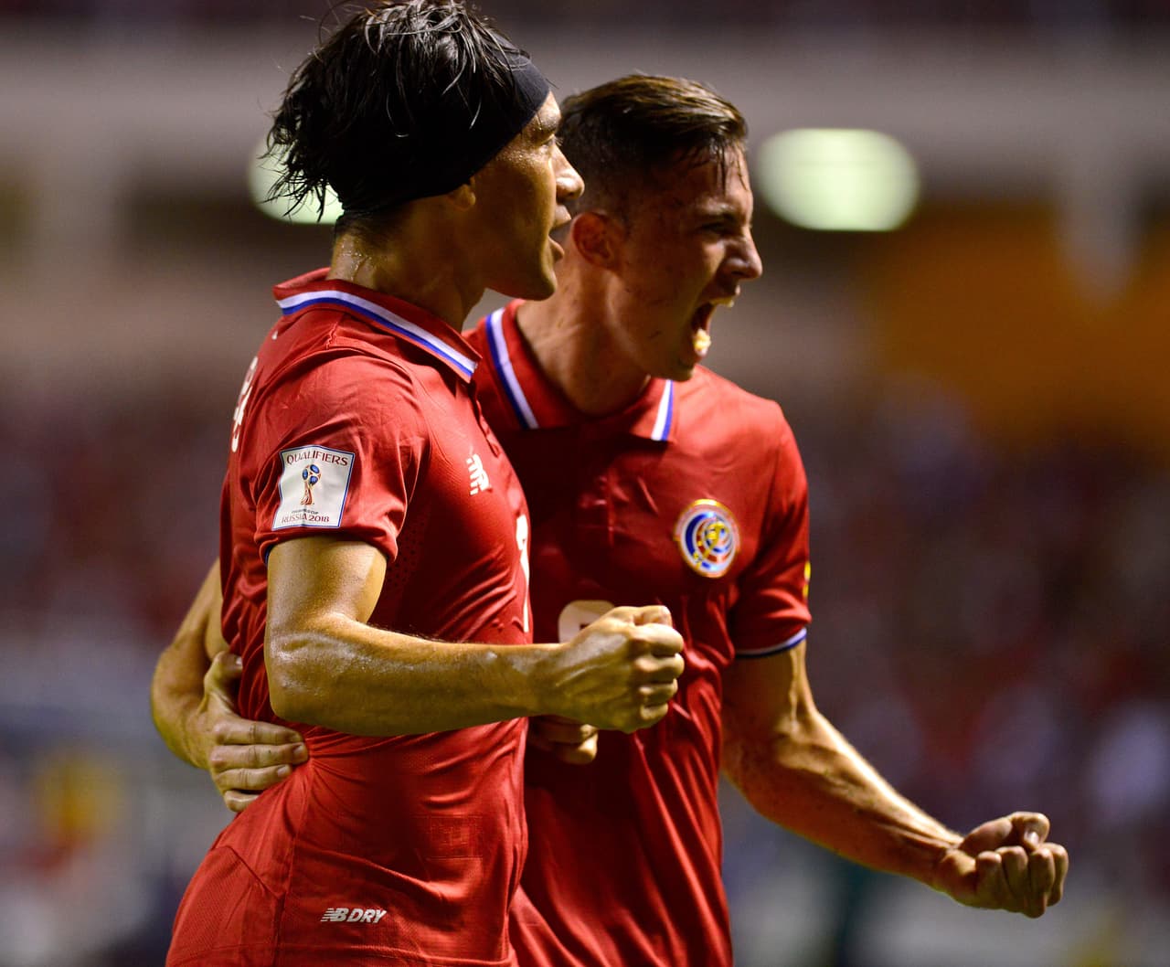 Christian Bolanos (L) and Yendrick Ruiz of Costa Rica celebrate a goal against Panama during their Russia 2018 FIFA World Cup Concacaf qualifiers football match, at the National Stadium in San Jose, on September 6, 2016. / AFP / Ezequiel Becerra (Photo credit should read EZEQUIEL BECERRA/AFP/Getty Images)