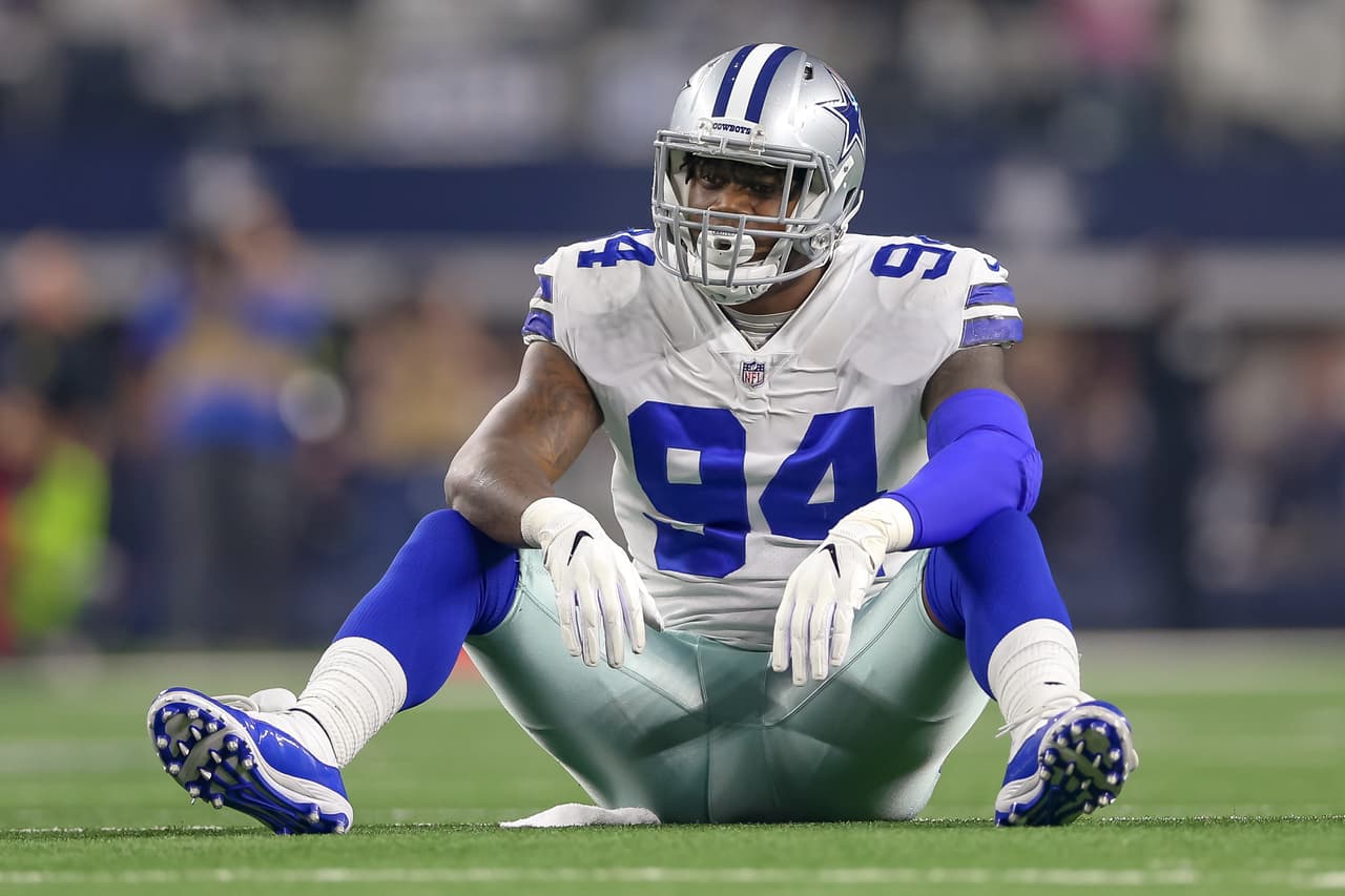 Dallas Cowboys defensive end Randy Gregory (94) reacts after a tackle during the NFC wildcard playoff game between the Seattle Seahawks and Dallas Cowboys on January 5, 2019 at AT&T Stadium in Arlington, TX.