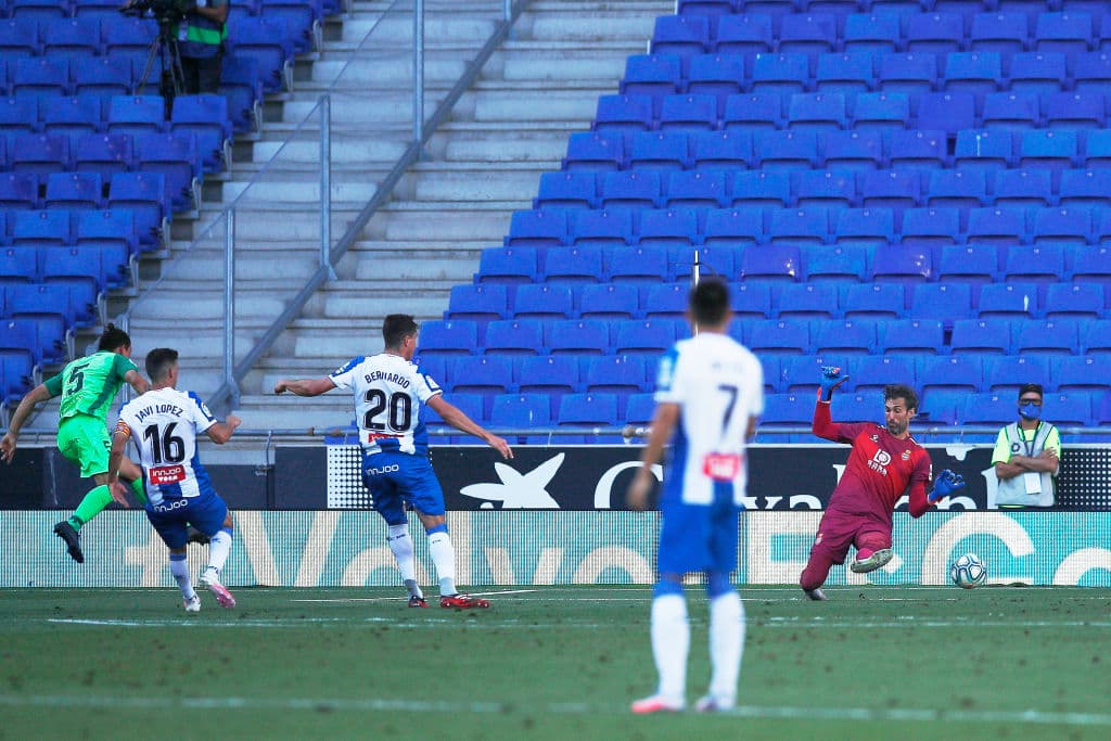 BARCELONA, SPAIN - JULY 05: Jonathan Silva of CD Leganes scores the 0-1 during the Liga match between RCD Espanyol and CD Leganes at RCDE Stadium on July 05, 2020 in Barcelona, Spain. (Photo by Eric Alonso/Getty Images)