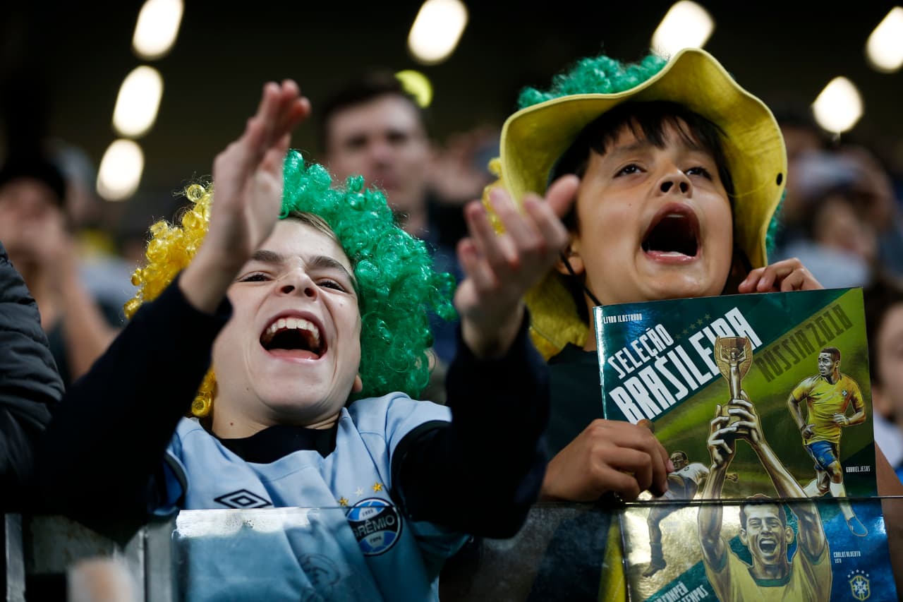 Fans cheer for Brazil during a 2018 World Cup qualifying soccer match between Brazil and Ecuador in Porto Alegre, Brazil, Thursday, Aug. 31, 2017. (AP Photo/Andre Penner)