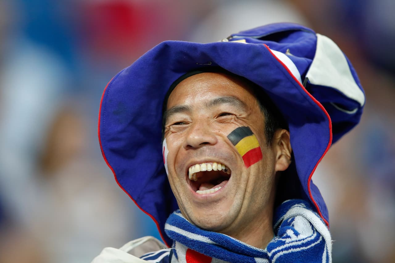 A Japan's fan cheers before the Russia 2018 World Cup round of 16 football match between Belgium and Japan at the Rostov Arena in Rostov-On-Don on July 2, 2018. (Photo by Odd ANDERSEN / AFP) / RESTRICTED TO EDITORIAL USE - NO MOBILE PUSH ALERTS/DOWNLOADS (Photo credit should read ODD ANDERSEN/AFP/Getty Images)