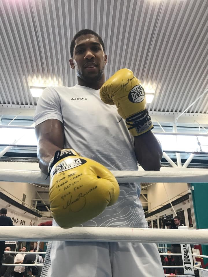 Joshua presume los característicos guantes que Barrera usó en la trilogía con Érik 'El Terrible' Morales.
