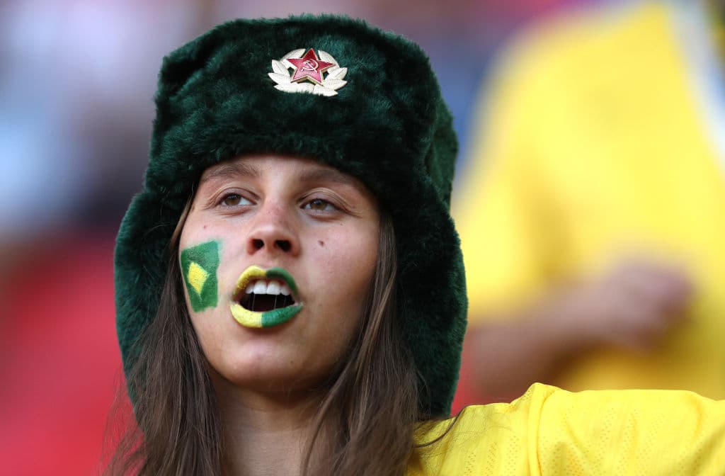 MOSCOW, RUSSIA - JUNE 27: A Brazil fan enjoys the pre match atmosphere prior to the 2018 FIFA World Cup Russia group E match between Serbia and Brazil at Spartak Stadium on June 27, 2018 in Moscow, Russia. (Photo by Buda Mendes/Getty Images)