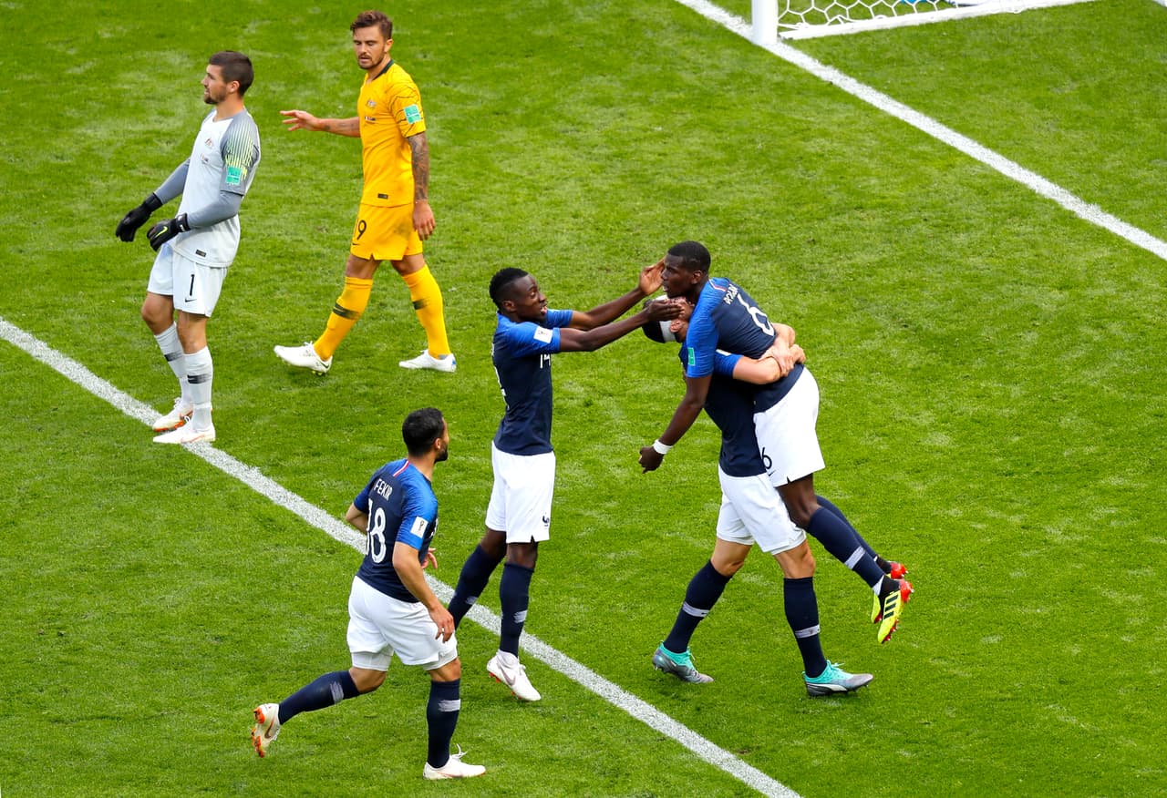 KAZAN, RUSSIA - JUNE 16: Paul Pogba of France celebrates after scoring his side's second goal with teammates during the 2018 FIFA World Cup Russia group C match between France and Australia at Kazan Arena on June 16, 2018 in Kazan, Russia. (Photo by Kevin C. Cox/Getty Images)