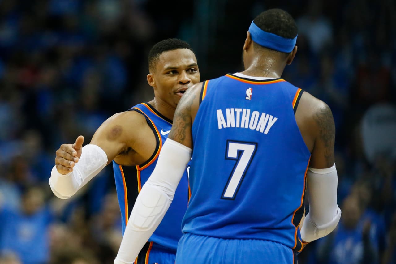 Te traemos las imágenes del primer partido de Carmelo Anthony junto a Russell Westbrook y Paul George contra su antiguo equipo, los Knicks de Porzingis.
