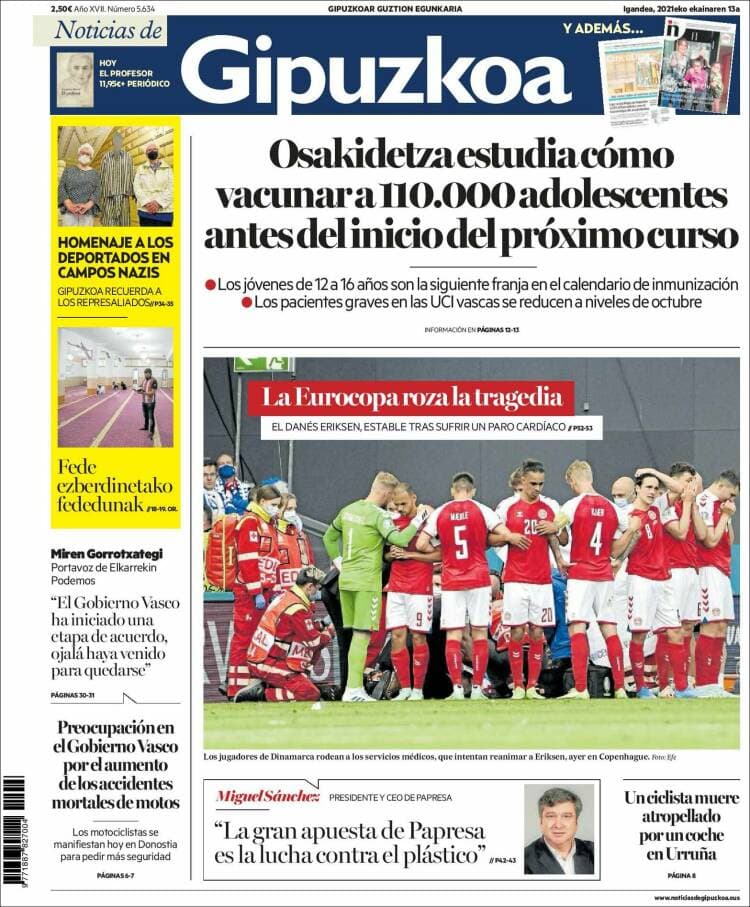 Estas fueron las portadas de la prensa tras el accidente del futbolista Christian Eriksen durante el partido Dinamarca-Finlandia en la Euro 2020.