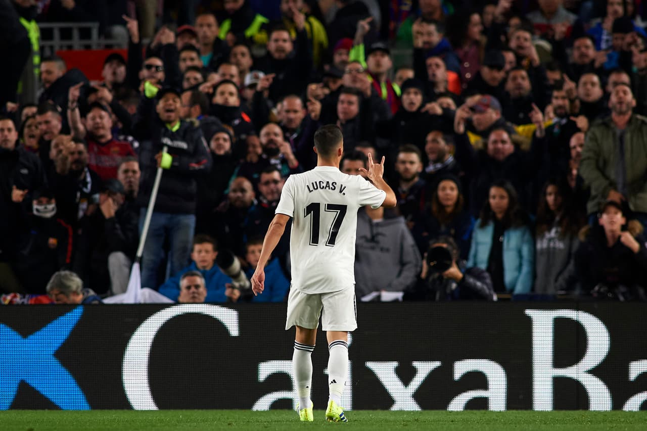 BARCELONA, SPAIN - FEBRUARY 06: Lucas Vazquez of Real Madrid celebrates after scoring his team's first goal during the Copa del Rey Semi Final first leg match between FC Barcelona and Real Madrid at Nou Camp on February 06, 2019 in Barcelona, Spain. (Photo by Quality Sport Images/Getty Images)