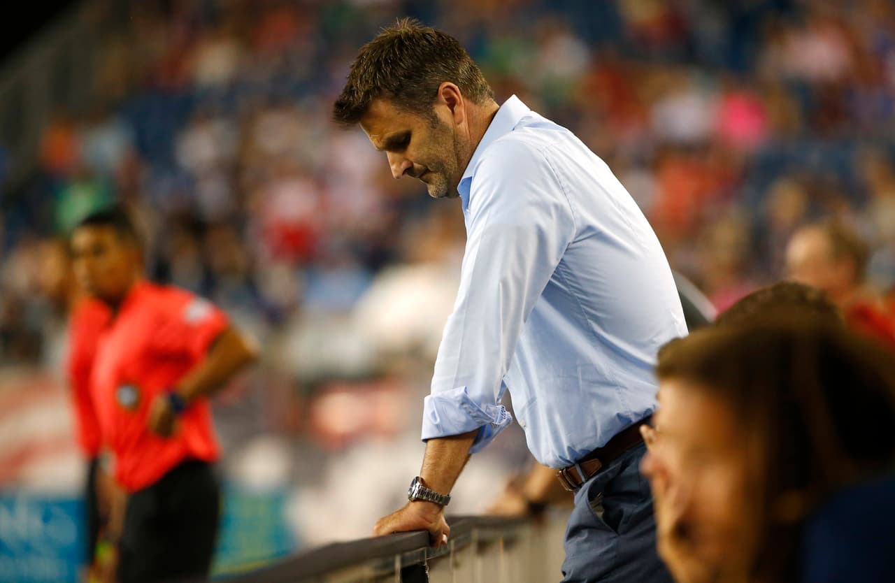 Jul 22, 2017; Foxborough, MA, USA; Los Angeles Galaxy head coach Curt Onalfo reacts during the second half of their 4-3 loss to the New England Revolution at Gillette Stadium. Mandatory Credit: Winslow Townson-USA TODAY Sports