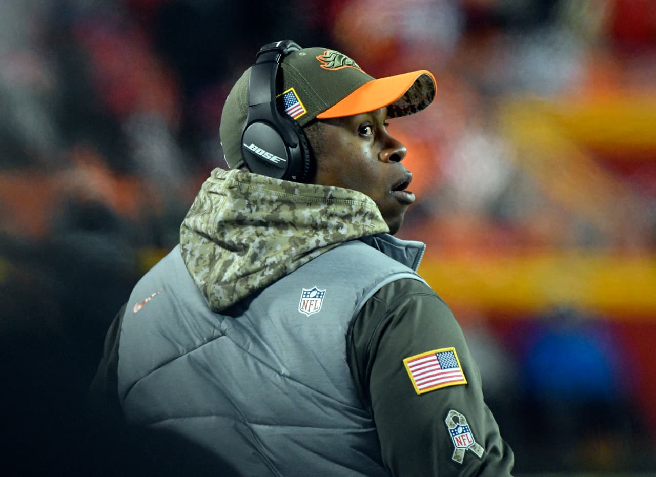 Denver Broncos head coach Vance Joseph follows the second half of an NFL football game against the Kansas City Chiefs in Kansas City, Mo., Monday, Oct. 30, 2017. (AP Photo/Ed Zurga)