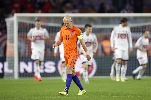 Arjen Robben of Holland during the FIFA World Cup 2018 qualifying match between Belarus and Netherlands on October 07, 2017 at Borisov Arena in Borisov, Belarus(Photo by VI Images via Getty Images)