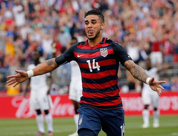 EAST HARTFORD, CT - JULY 01: Dom Dwyer #14 of the United States reacts after he scores a goal during an international friendly between USA and Ghana at Pratt & Whitney Stadium on July 1, 2017 in East Hartford, Connecticut. (Photo by Jim Rogash/Getty Images)