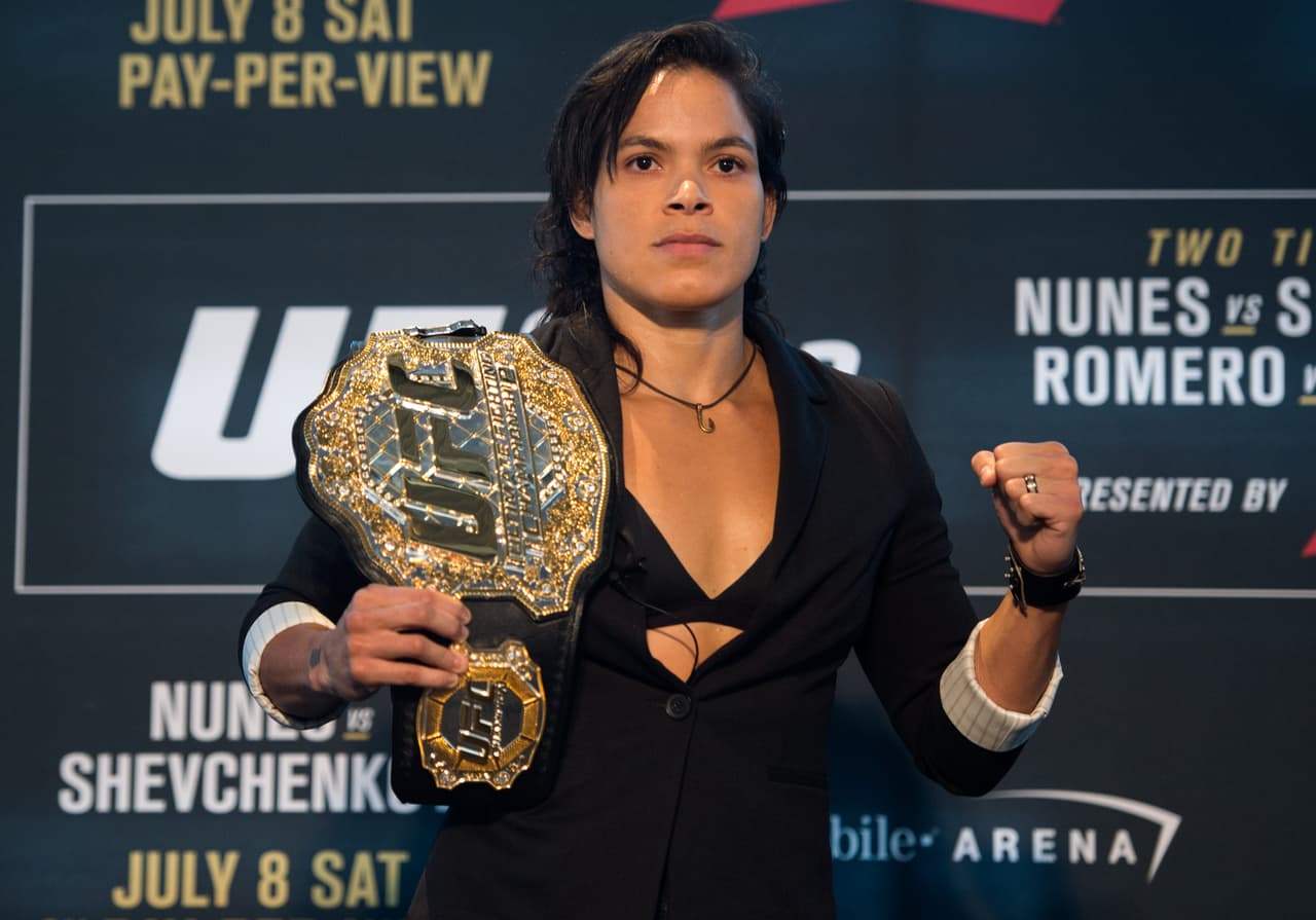 LAS VEGAS, NV - JULY 06: UFC bantamweight champion Amanda Nunes of Brazil poses for a picture for the media during the UFC 213 Ultimate Media Day at T-Mobile Arena on July 6, 2017 in Las Vegas, Nevada. (Photo by Brandon Magnus/Zuffa LLC/Zuffa LLC via Getty Images)