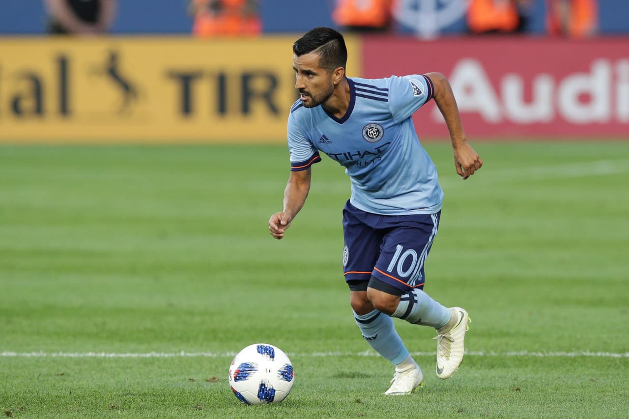 Jul 8, 2018; New York, NY, USA; New York City FC midfielder Maximiliano Moralez (10) controls the ball against the New York Red Bulls during the first half at Yankee Stadium. Mandatory Credit: Vincent Carchietta-USA TODAY Sports