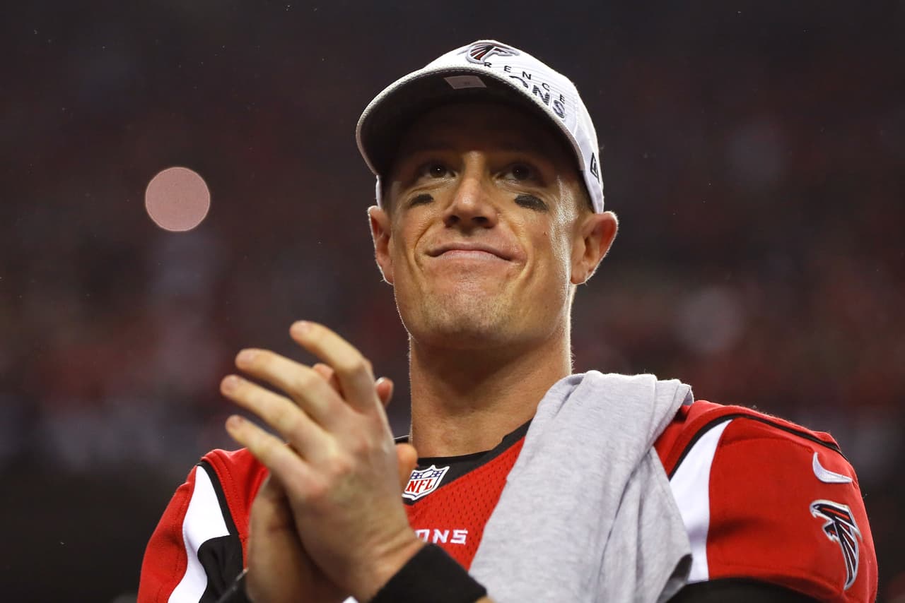 ATLANTA, GA - JANUARY 22: Matt Ryan #2 of the Atlanta Falcons celebrates after defeating the Green Bay Packers in the NFC Championship Game at the Georgia Dome on January 22, 2017 in Atlanta, Georgia. The Falcons defeated the Packers 44-21. (Photo by Kevin C. Cox/Getty Images)