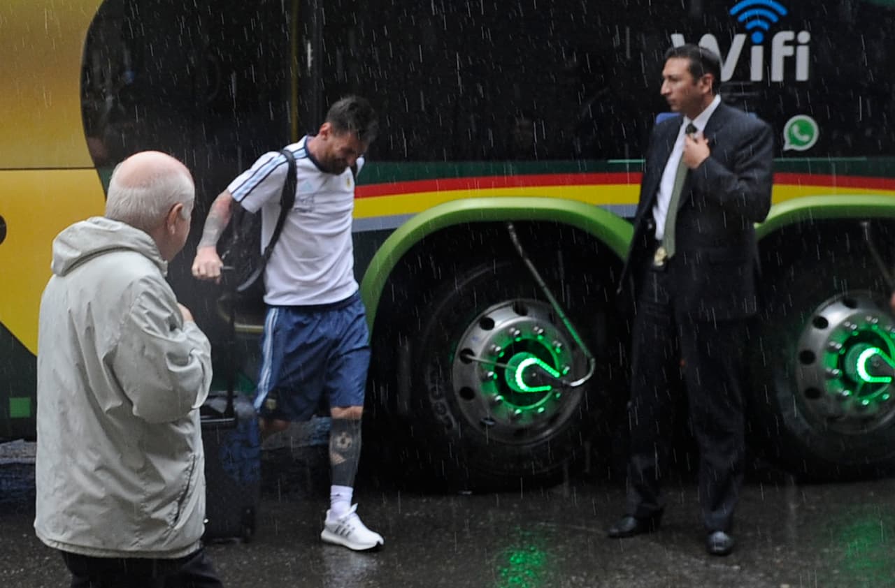 Argentinian national football team player Lionel Messi arrives at the Hernando Siles stadium ahead of Argentina's 2018 FIFA World Cup qualifier football match against Bolivia in La Paz, on March 28, 2017. Barcelona star Lionel Messi was suspended for four Argentina matches by FIFA on Tuesday for swearing at an assistant referee, a ban that will see the striker miss out on decisive qualifiers for the 2018 World Cup. / AFP PHOTO / JORGE BERNAL (Photo credit should read JORGE BERNAL/AFP/Getty Images)