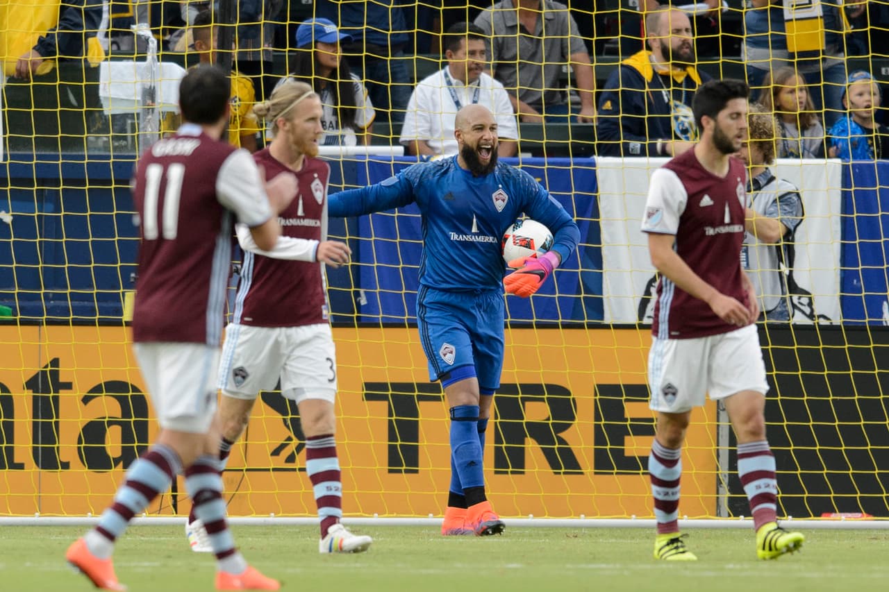 Oct 30, 2016; Carson, CA, USA; Colorado Rapids goalkeeper Tim Howard (1) reacts during the first half against LA Galaxy at StubHub Center. Mandatory Credit: Kelvin Kuo-USA TODAY Sports