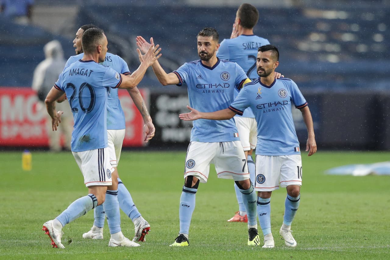 Sep 8, 2018; New York, NY, USA; New York City forward David Villa (7) celebrates his goal with teammates during the second half against the D.C. United at Yankee Stadium. Mandatory Credit: Vincent Carchietta-USA TODAY Sports