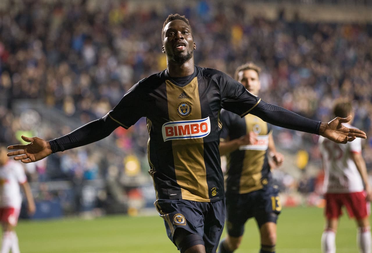 May 6, 2017; Philadelphia, PA, USA; Philadelphia Union forward C.J. Sapong (17) reacts after his third goal of the game against the New York Red Bulls during the second half at Talen Energy Stadium. Mandatory Credit: Bill Streicher-USA TODAY Sports