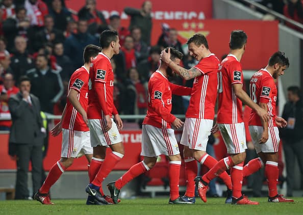 LISBON, PORTUGAL - JANUARY 22: SL BenficaÕs forward Rafa Silva celebrates with teammate SL BenficaÕs defender from Sweden Victor Lindelof after scoring a goal during the Primeira Liga match between SL Benfica and CD Tondela at Estadio da Luz on January 22, 2017 in Lisbon, Portugal. (Photo by Gualter Fatia/Getty Images)
