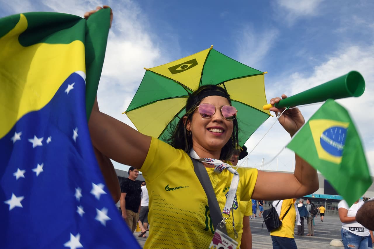 Brazil fans arrive prior to the Russia 2018 World Cup Group E football match between Brazil and Switzerland at the Rostov Arena in Rostov-On-Don on June 17, 2018. (Photo by KHALED DESOUKI / AFP) / RESTRICTED TO EDITORIAL USE - NO MOBILE PUSH ALERTS/DOWNLOADS (Photo credit should read KHALED DESOUKI/AFP/Getty Images)